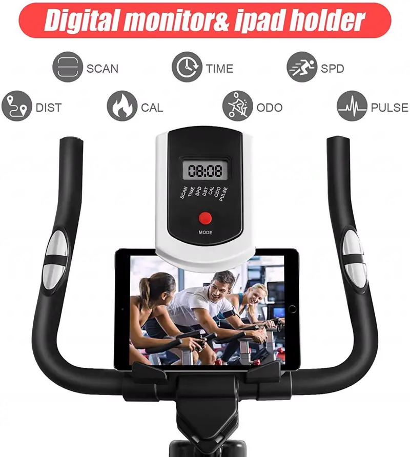 LCD monitor showing scan, time, speed, distance, calories, odometer and pulse, with a tablet in the holder