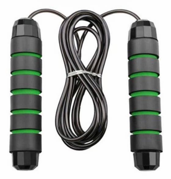 Free skipping rope with green and black foam handles